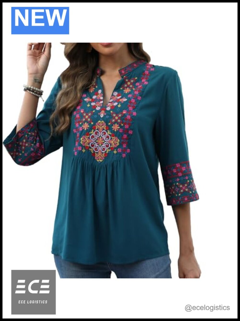 Women's Floral Embroidered Peasant Blouse 3/4 Sleeve V-Neck Boho Tunic